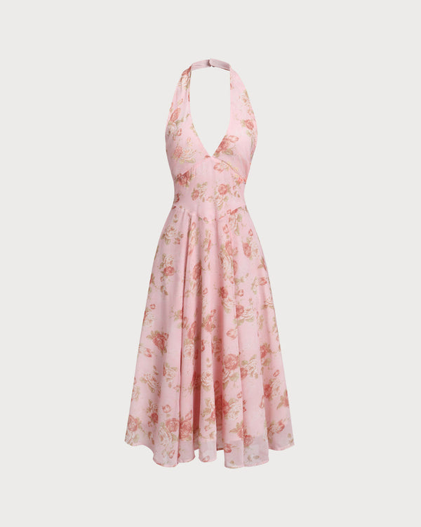 Pink Floral Halter Backless Midi Dress