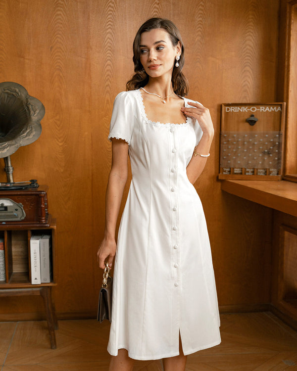 White Square Neck Button Midi Dress