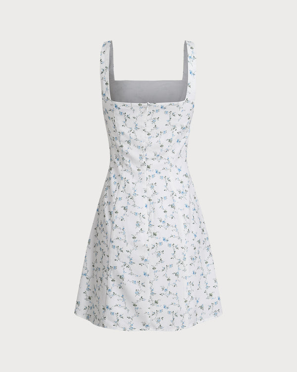 White Floral Square Neck Slip Mini Dress