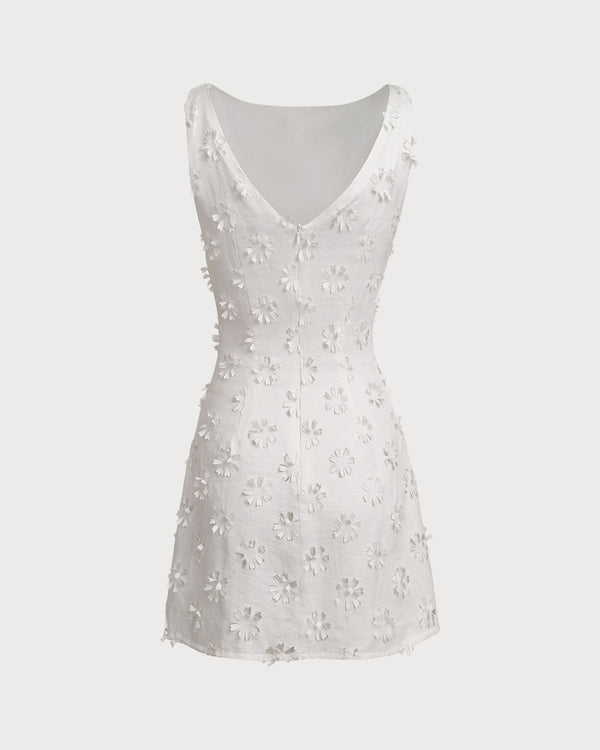 White Textured Boat Neck Sleeveless Mini Dress
