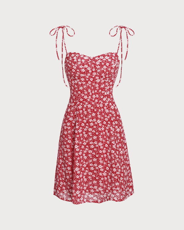 Red Floral Sweetheart Neck Slip Mini Dresses