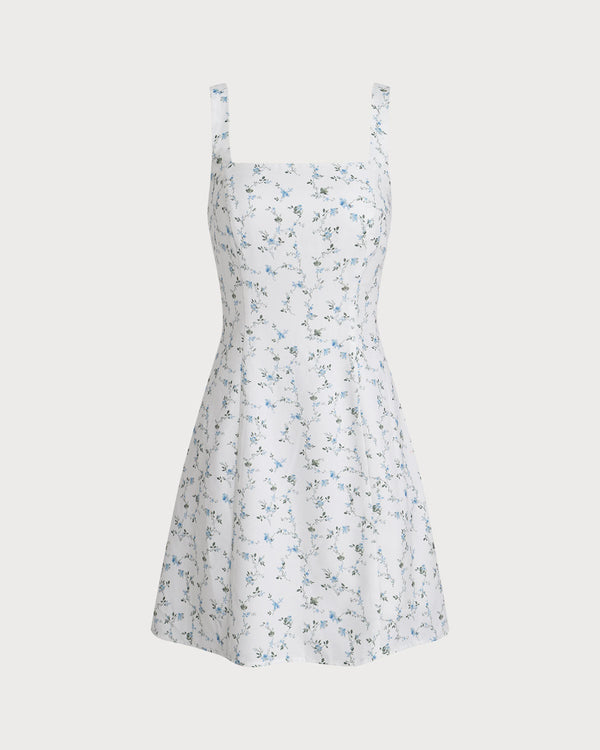 White Floral Square Neck Slip Mini Dress