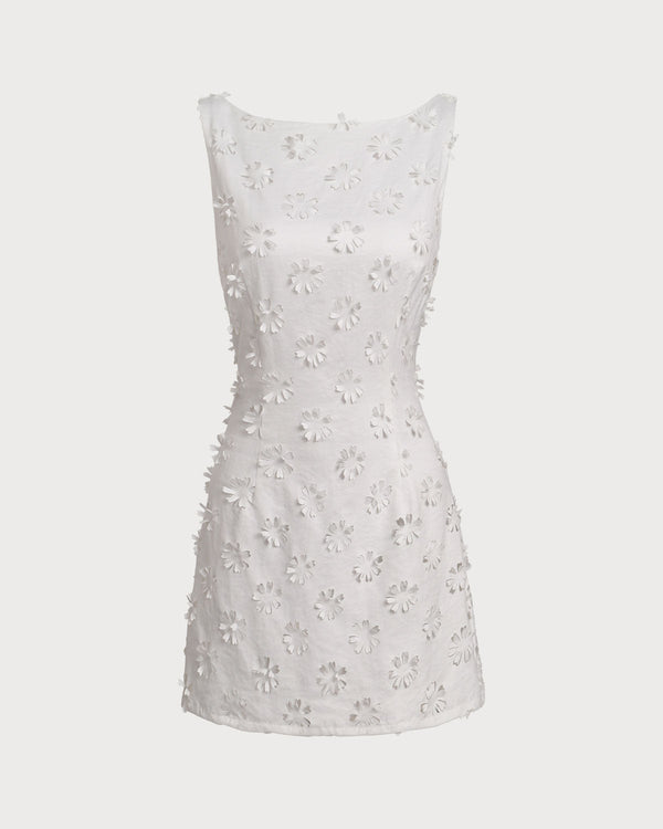 White Textured Boat Neck Sleeveless Mini Dress
