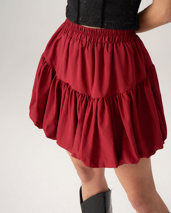 Bettydress-Red Elastic Waist Bubble Mini Skirt