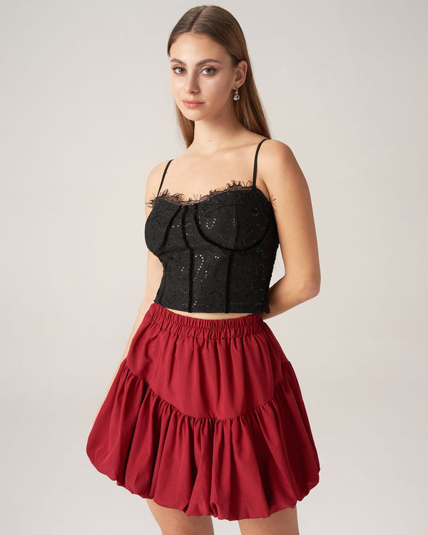 Bettydress-Red Elastic Waist Bubble Mini Skirt