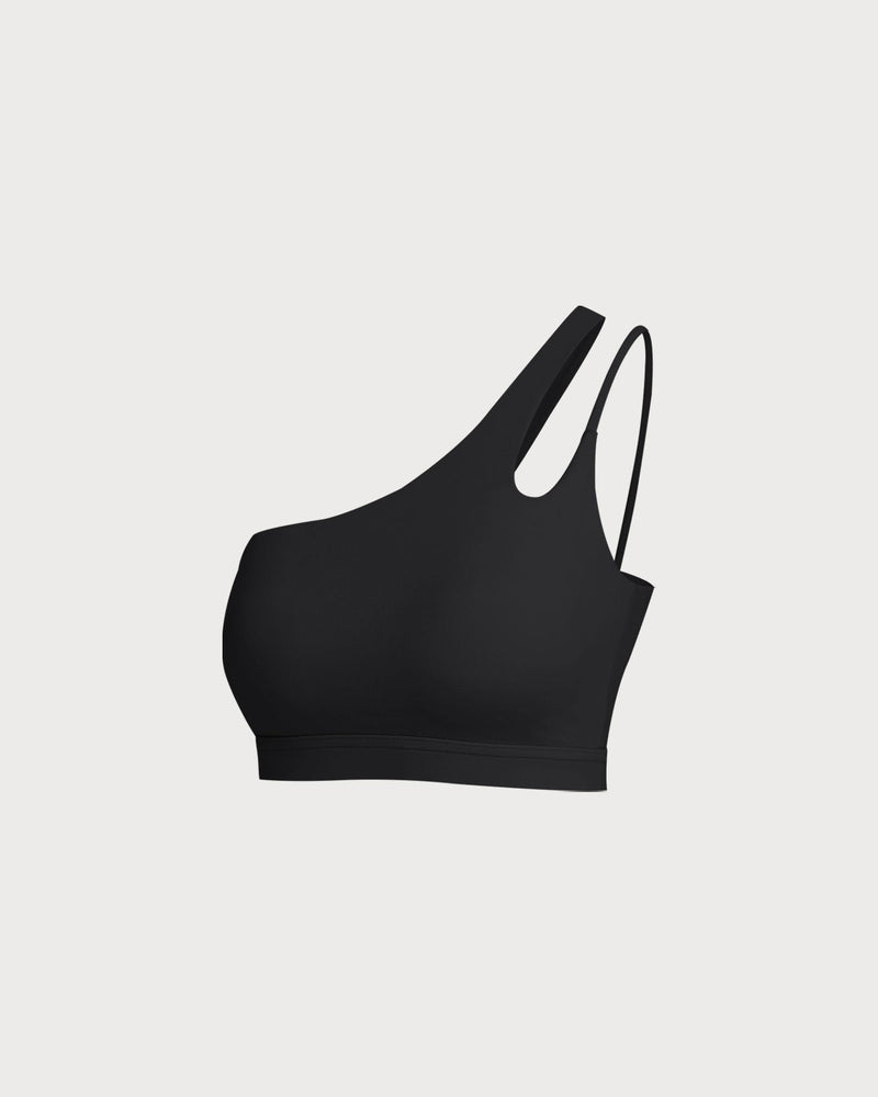 Black Cropped One Shoulder Yoga Cami Top - Light Support