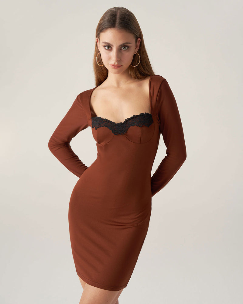 Bettydress-Brown Lace Splicing Bodycon Mini Dress