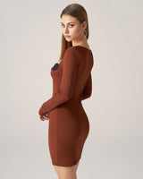 Bettydress-Brown Lace Splicing Bodycon Mini Dress