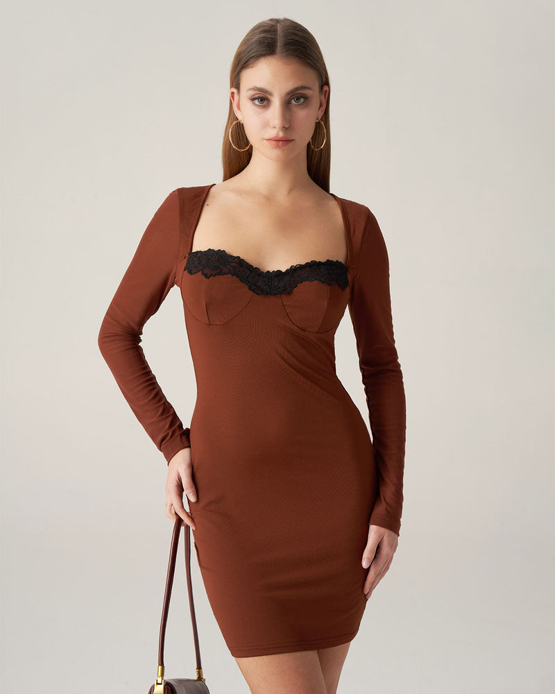 Bettydress-Brown Lace Splicing Bodycon Mini Dress