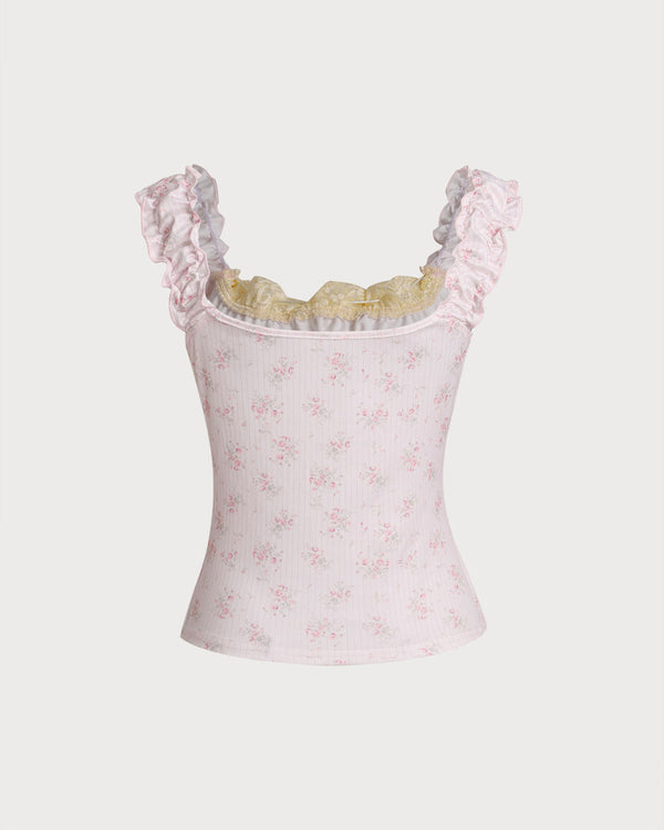 Pink Floral Ruched Camis