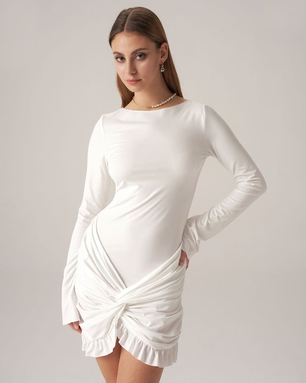 Bettydress-White Ruffle Bodycon Mini Dress