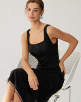 Black Square Neck Ruched Slip Midi Dress