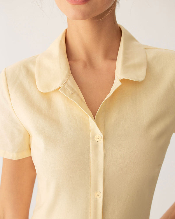 Yellow Button Short Sleeve Midi Dress