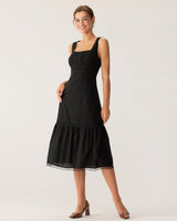 Black Square Neck Ruched Slip Midi Dress