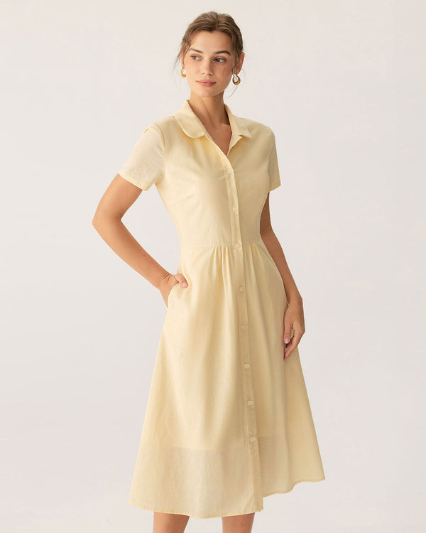 Yellow Button Short Sleeve Midi Dress