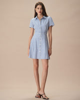 Women's Blue Plaid Lapel Cotton Mini Dress