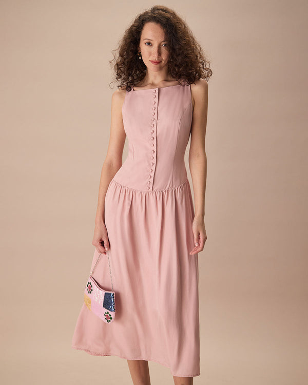 Women's Pink Boat Neck Sleeveless Lyocell Midi Dress