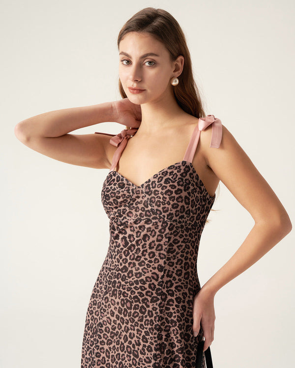 Brown Leopard Sweetheart Neck Slip Maxi Dress