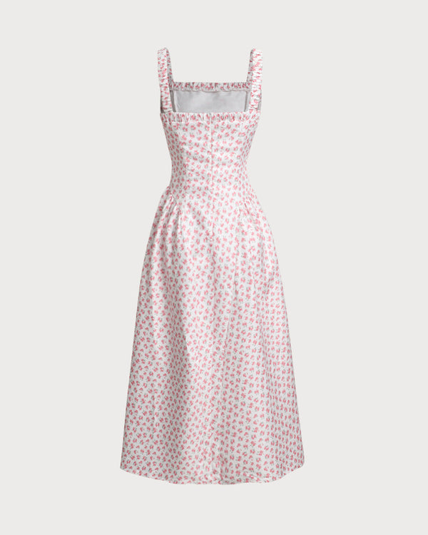Pink Floral Square Neck Pleated Midi Dress