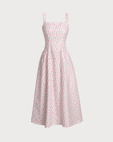 Pink Floral Square Neck Pleated Midi Dress