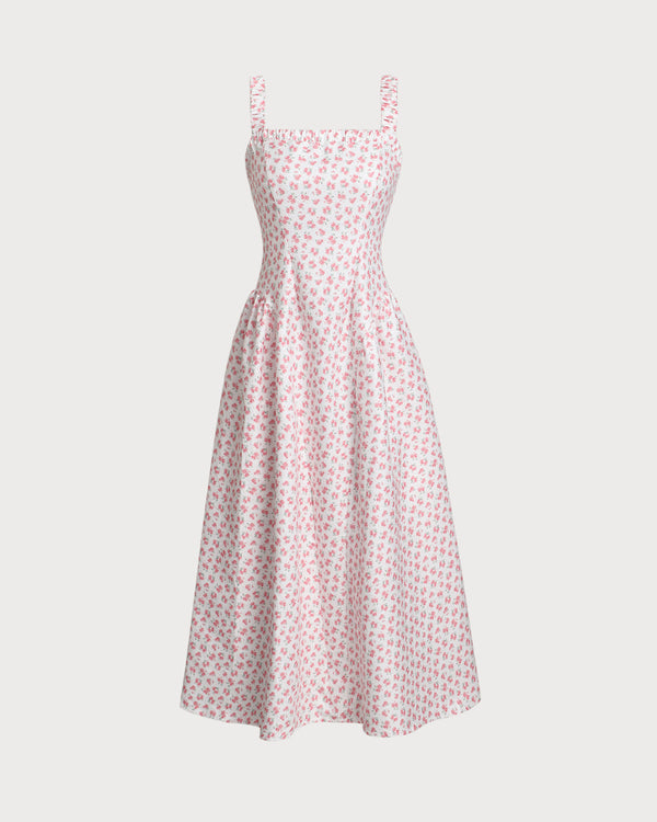 Pink Floral Square Neck Pleated Midi Dress