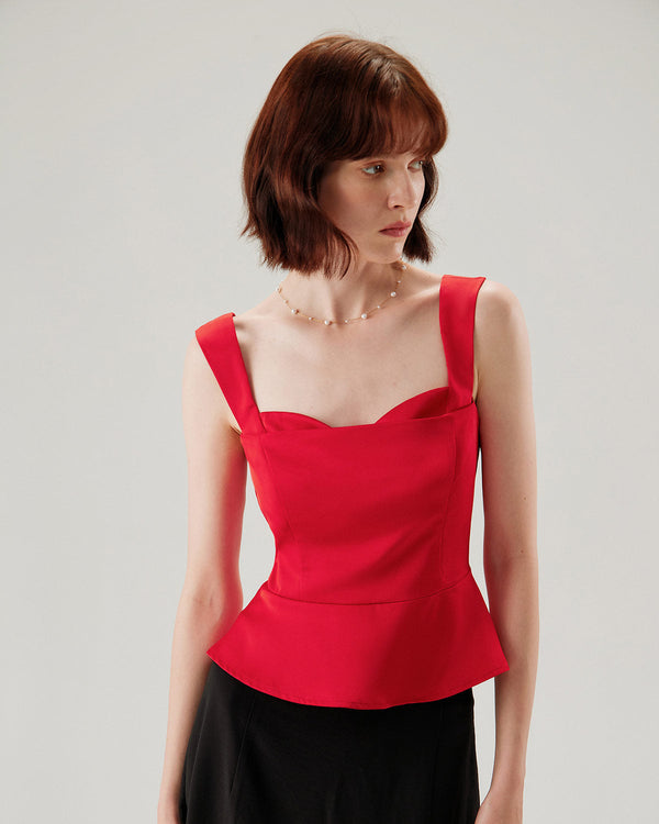 Red Sweetheart Neck Ruffle Tank Top