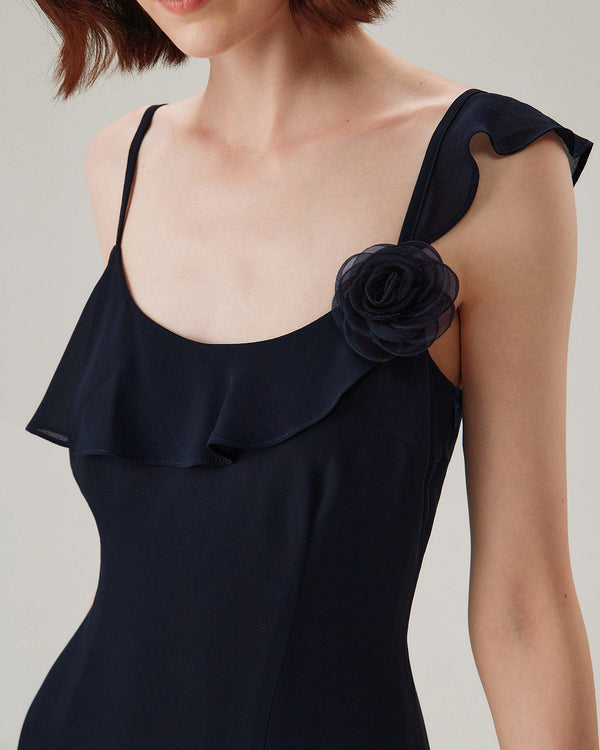 Blue Chiffon Ruffle Slip Midi Dress