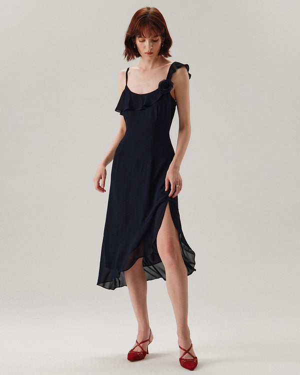 Blue Chiffon Ruffle Slip Midi Dress