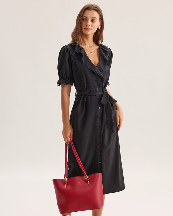 Black Ruffle Belted Maxi Dress