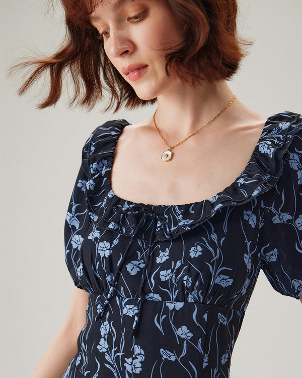Navy Floral U-Neck Puffed-Sleeve Maxi Dress