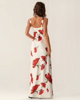 Red Floral Satin Slip Maxi Dress
