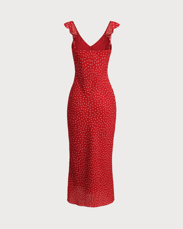 Red Floral V Neck Ruffle Maxi Dress