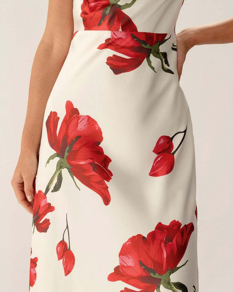Red Floral Satin Slip Maxi Dress