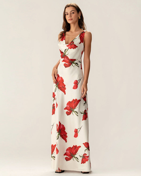 Red Floral Satin Slip Maxi Dress