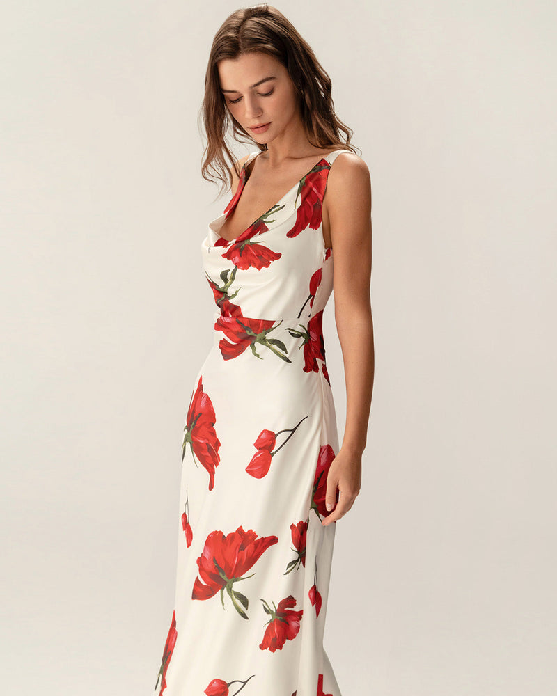 Red Floral Satin Slip Maxi Dress