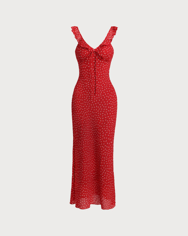 Red Floral V Neck Ruffle Maxi Dress