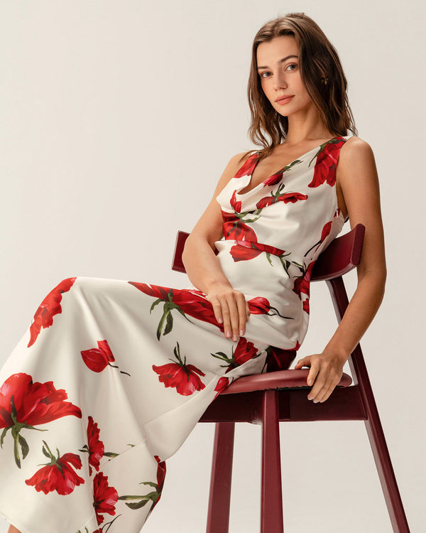 Red Floral Satin Slip Maxi Dress