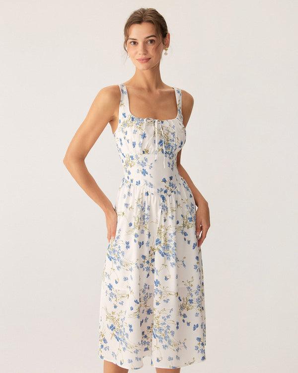 Blue Floral U Neck A-Line Midi Dress