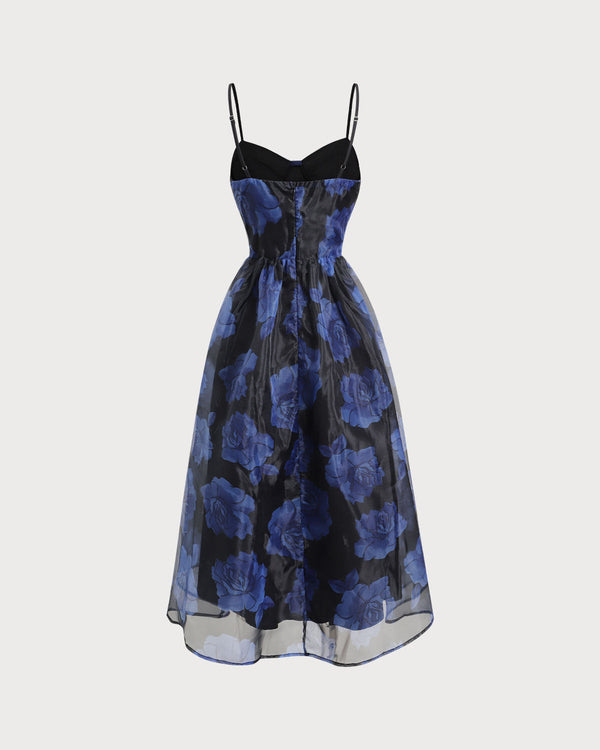Navy Floral Sweetheart Neck Slip Midi Dress