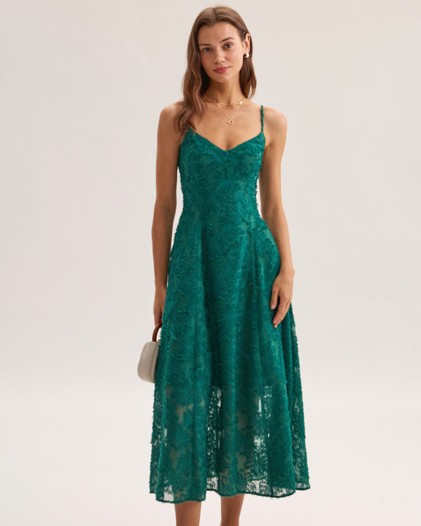 Green Floral Shirred Slip Midi Dress