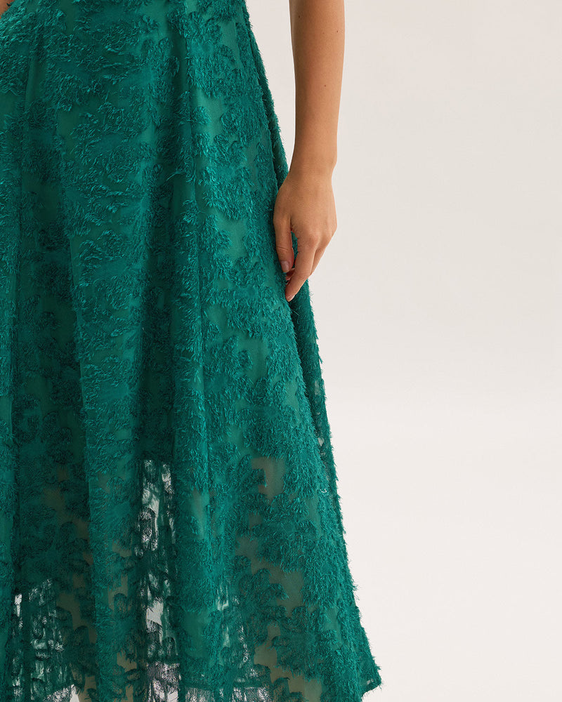 Green Floral Shirred Slip Midi Dress