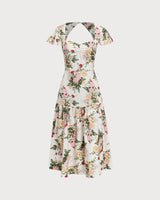 Green Floral Shirred Square Neck Midi Dress