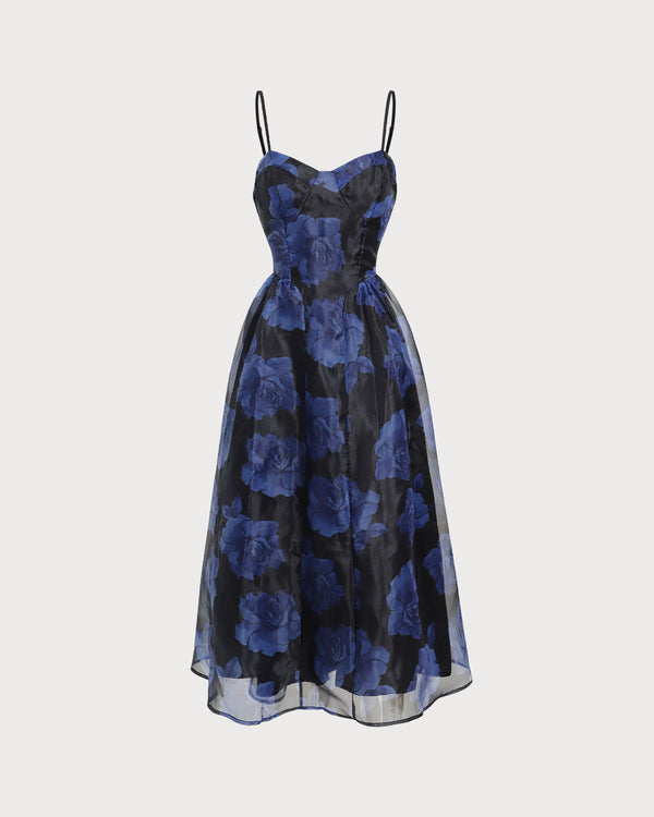 Navy Floral Sweetheart Neck Slip Midi Dress