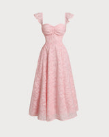 Pink Jacquard Ruched Square Neck Midi Dress