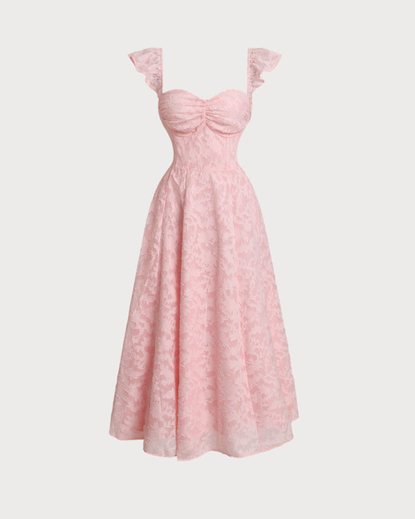 Pink Jacquard Ruched Square Neck Midi Dress