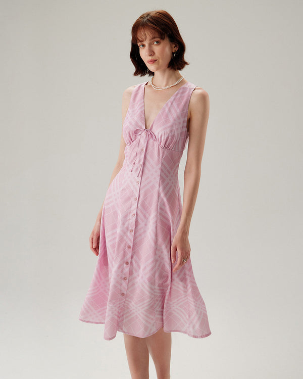 Pink Striped Sleeveless Midi Dress