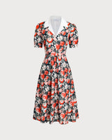 Black Floral Contrast Midi Dress