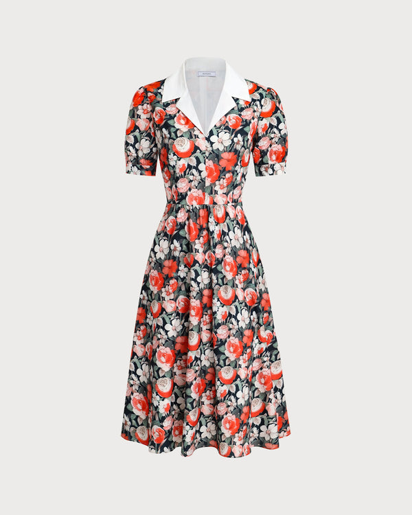 Black Floral Contrast Midi Dress