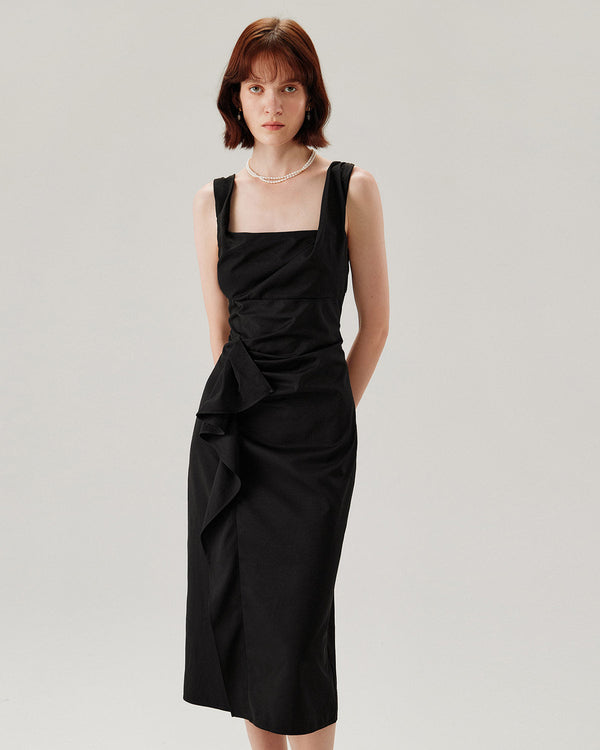 Black Ruffle Ruched Slip Midi Dress