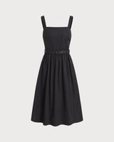 Black Square Neck Ruched Slip Midi Dress